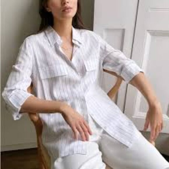 ✅Aritzia Babaton Utility Button down shirt White/BLUE Striped Button-Up Shirt LG - Picture 1 of 9